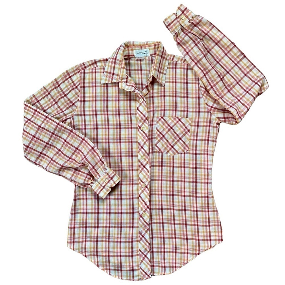 Vintage Country And Casual Red and Orange Cream Plaid Button Up Western Shirt